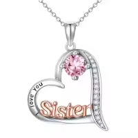 TOUPOP Sterling Silver Birthstone Heart Necklace Sister Gift For Women-color_name:10-October-Pink Tourmaline
