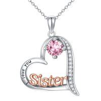 wholesale Sister Gifts Birthstone Necklaces 925 Sterling Silver Heart Birthstone Necklace Sister Jewelry Birthday Christmas Gifts For Women Friend Daughter -color_name:10-October-Pink Tourmaline
