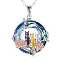 wholesale TOUPOP Cat Gifts For Cat Lovers 1 2 3 Cats Necklace 925 Sterling Silver Rose Flower Blue Crystal Jewelry Birthday Christmas Gifts For Women Her Mom -style_name:3 Cat-rose