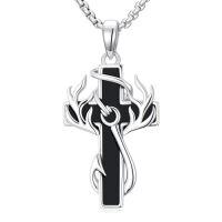 wholesale Cross Necklace For Men 925 Sterling Silver Cross Antler Fish Hook Necklace Pendant Deer Jewelry Birthday Christmas Hunting Religious Christian Gifts -style_name:2-Black Agate
