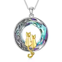 TOUPOP Sterling Silver Blue Crystal Cats On The Moon Pendant Necklace-color_name:2 Cats(Yellow Gold and Yellow Gold)-Purple Crystal-02-E