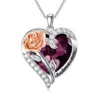 wholesale TOUPOP Birthstone Necklace For Women 925 Sterling Silver Rose Flower Heart Crystal Pendant Necklaces I Love You Jewelry Birthday Christmas Gifts For Women Her Girlfriend -color_name:06-June