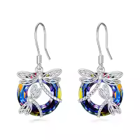 TOUPOP Sterling Silver Crystal Dragonfly Circle Dangle Drop Earrings-color_name:Volcano