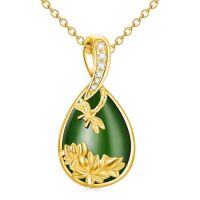wholesale Green Jade Necklace Sterling Silver Teardrop Hummingbird/dragonfly/butterfly/bee/cat/cardinal/owl/fox/sloth Natural Jade Jewelry Birthday Christmas Gifts Women Mom Wife -style_name:Dragonfly-Gold