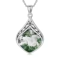 TOUPOP Sterling Silver Natural Gemstone Teardrop Pendant Necklace-color_name:Moss Agate