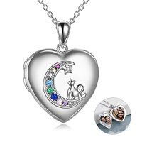 wholesale TOUPOP S925 Sterling Silver Heart Lockets Necklace That Holds Pictures Jewelry For Women Photo Pendant Necklace For Birthday Gifts -style_name:B-Crescent Moon & Cat