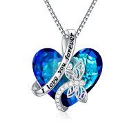 wholesale TOUPOP Sterling Silver Dragonfly/butterfly Pendant Necklace With Crystal Birthday Christmas Jewelry Gifts For Women -style_name:F-Dragonfly Necklace-I love you forever-Blue Heart Crystal