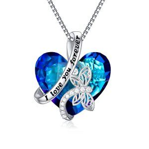 F-Dragonfly Necklace-I love you forever-Blue Heart Crystal