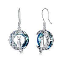wholesale TOUPOP Cat On The Moon Earrings Sterling Silze Cut Animal Cat Dangel Drop Earrings With Circle Crystal Christmas Valentines Birthday Mothers Day Jewelry Gifts For Women Cat Lovers -color_name:1 Cat(Silver)-Blue Crystal-01-A