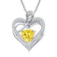 wholesale 925 Sterling Silver Double Heart Rose Necklace With 12 Birthstone Jewelry Birthday Anniversary Christmas Gifts For Her Wife Girlfriend Mom -color_name:11-Nov-Citrine