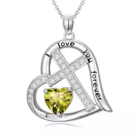 TOUPOP Sterling Silver Birthstone Heart Cross Necklace-color_name:08-August-Peridot