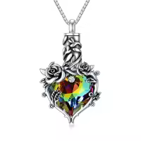 TOUPOP 925 Sterling Silver Rose Cremation Necklace with Crystal Heart Keepsake Urn-color_name:Vitrail Medium