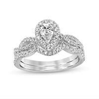wholesale S925 Sterling Silver Ring Set Elegant Bridal Band With Pear Diamond Halo Design-US # 4