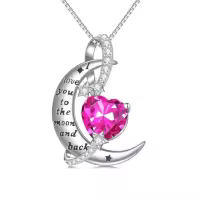 TOUPOP Sterling Silver Birthstone Heart Necklace I Love You To The Moon And Back-color_name:10-October-Pink Tourmaline
