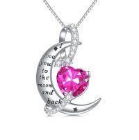 wholesale TOUPOP I Love You To The Moon And Back Necklace S925 Sterling Silver Heart Birthstone Necklace Birthday Christmas Jewelry Gifts For Women Wife Girlfriend -color_name:10-October-Pink Tourmaline