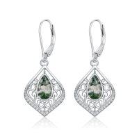 wholesale TOUPOP Filigree Leverback Earrings Sterling Silver Teardrop Drop Dangle Earrings Jewelry Anniversary Birthstone Christmas Gifts For Women Her -color_name:Moss Agate