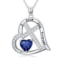 wholesale Cross Necklace For Women 925 Sterling Silver Heart Birthstone Necklaces Christian Jewelry Baptism Birthday Christmas Gifts For Women -color_name:09-September-Sapphire
