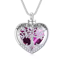 TOUPOP Sterling Silver Tree Of Life Urn Necklace For Ashes Memorial Keepsake-color_name:B-Heart Tree of Life-Purple Crystal