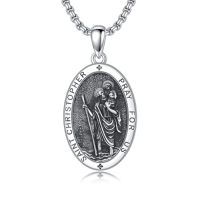 wholesale TOUPOP Christmas Gifts For Men 925 Sterling Silver Saint Amulet Necklace For Men Women Protection Medal Pendant Religious Necklace Catholic Jewelry Birthday Gifts For Father Son Husband Grandfather Police -style_name:B04-St Christopher(Oval)