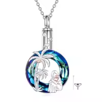 TOUPOP Sterling Silver & Stone Cat Moon Cremation Urn Necklace for Ashes-color_name:Cat-Palm Tree