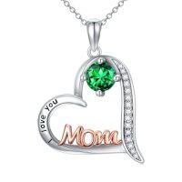 wholesale Birthday Gifts For Mom 925 Sterling Silver Heart Mom Necklace Birthstone Jewelry Mother's Day Christmas For Women Mother Grandma -color_name:05-May-Emerald