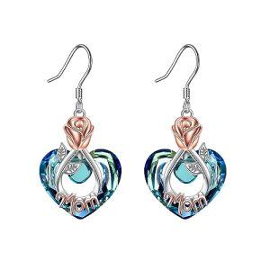 Mom Earrings with Blue Heart Crystal