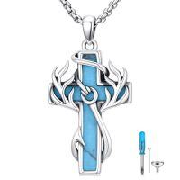 wholesale Cross Necklace For Men 925 Sterling Silver Cross Antler Fish Hook Necklace Pendant Deer Jewelry Birthday Christmas Hunting Religious Christian Gifts -style_name:9-Turquoise