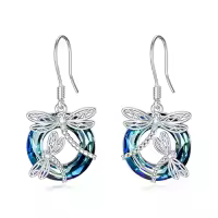 TOUPOP Sterling Silver Crystal Dragonfly Circle Dangle Drop Earrings-color_name:Blue