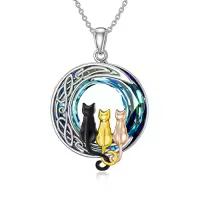 TOUPOP Sterling Silver Blue Crystal Cats On The Moon Pendant Necklace-color_name:3 Cats(Black, Yellow Gold, and Rose Gold)-Blue Crystal-03-B