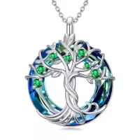 TOUPOP Sterling Silver Blue Crystal Tree Of Life Birthstone Necklace-color_name:05-May-Emerald
