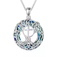 TOUPOP Sterling Silver Blue Crystal Celtic Tree Of Life Necklace Pendant-style_name:Cross