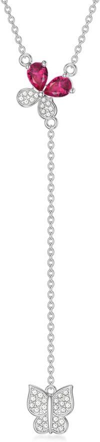 wholesale 925 Sterling Silver & Ruby Red Zircon Butterfly Lariat Necklace for Women, 18-7-July-Ruby Red