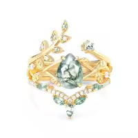 TOUPOP 10k 14k 18k Gold Moss Agate Moissanite Pear Bridal Wedding Ring Set-style_name:A Moss Agate Gold Ring