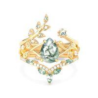 wholesale TOUPOP Natural Moss Agate Moissanite Wedding Ring Set For Women Pear Shaped Natural Moss Agate Ring Bridal Set 10k 14k 18k Solid Gold Engraved Egagement Anniversary Ring For Wife -style_name:A Moss Agate Gold Ring