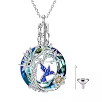 TOUPOP Sterling Silver Crystal Owl/Hummingbird Tree Of Life Pendant Necklace-color_name:04-Blue Hummingbird (Urn)