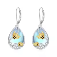 TOUPOP 925 Sterling Silver Moonstone Turquoise Butterfly Dragonfly Bee Earrings-style_name:1-Moonstone Bee