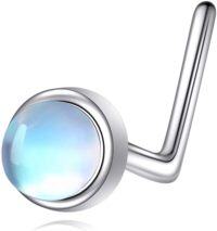 wholesale 925 Sterling Silver L-Shaped Nose Stud with Opal Stone for Women Men Nostril Piercing Jewelry-moonstone