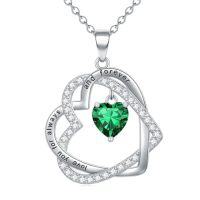 wholesale TOUPOP Heart Birthstone Pendant Necklace 925 Sterling Silver Double Heart Love Jewelry Birthday Christmas Gifts For Women Her Wife Girlfriend Mom -color_name:05-May-Emerald