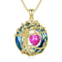 TOUPOP Sterling Silver Austrian Crystal Tree Of Life Birthstone Necklace-color_name:10-Oct-Pink Tourmaline,style_name:18K Gold-Blue Crystal