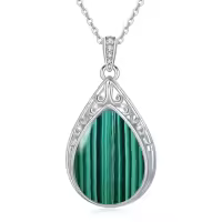 TOUPOP Sterling Silver Gemstone Teardrop Filigree Pendant Necklace-style_name:Malachite