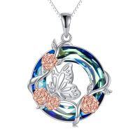wholesale TOUPOP Hummingbird/dragonfly/butterfly/bee Necklace 925 Sterling Silver Rose Flower Insect Pendant Blue Circle Crystal Jewelry Christmas Gifts For Women -style_name:Butterfly