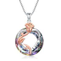 wholesale TOUPOP Rose Flower Necklace Sterling Silver Rose Jewelry Gifts For Women Wife Girlfriend Crystal Rose Flower Gifts For Birthday Anniversary -style_name:Rose with Heart