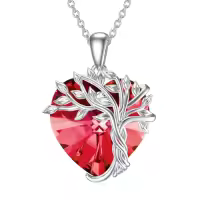 TOUPOP Sterling Silver Crystal Tree Of Life Birthstone Necklace Family Pendant Gift-color_name:Heart-07-Red Ruby Crystal