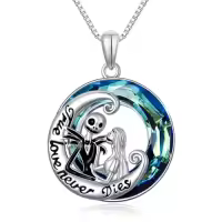 TOUPOP Sterling Silver Crystal Nightmare Necklace Jack Skull Sally Gift-style_name:True Love Never Dies with Blue Circle Crystal