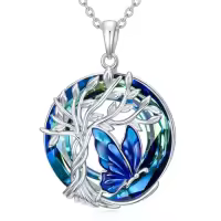 TOUPOP Sterling Silver Crystal Butterfly Tree Of Life Dragonfly Hummingbird Pendant Necklace-color_name:Butterfly Blue