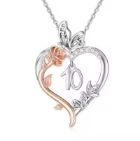 TOUPOP 925 Sterling Silver Rose Heart Butterfly Pendant Jewelry Gifts-style_name:10th