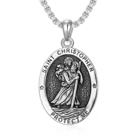TOUPOP Sterling Silver Four Way Cross St Michael St Christopher St Benedict St Joseph St Francis Pendant Necklace-style_name:3-St Christopher-Elliptical