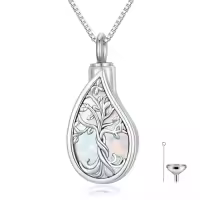 TOUPOP Sterling Silver Gemstone Teardrop Tree Of Life Urn Necklace-color_name:Opal