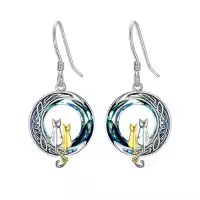 TOUPOP Sterling Silver Crystal Cat On Moon Dangle Drop Earrings-color_name:2 Cats(Silver and Yellow Gold)-Blue Crystal-02-B
