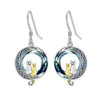 wholesale TOUPOP Cat On The Moon Earrings Sterling Silze Cut Animal Cat Dangel Drop Earrings With Circle Crystal Christmas Valentines Birthday Mothers Day Jewelry Gifts For Women Cat Lovers -color_name:2 Cats(Silver and Yellow Gold)-Blue Crystal-02-B